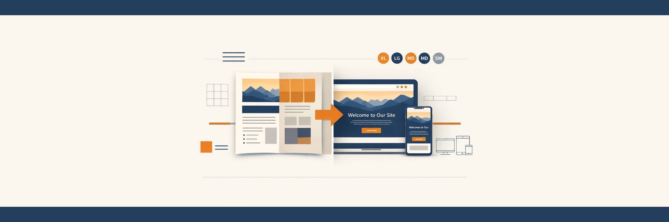 Illustration showing a print layout transitioning to a responsive web design – representing web design for print designers making the leap to digital