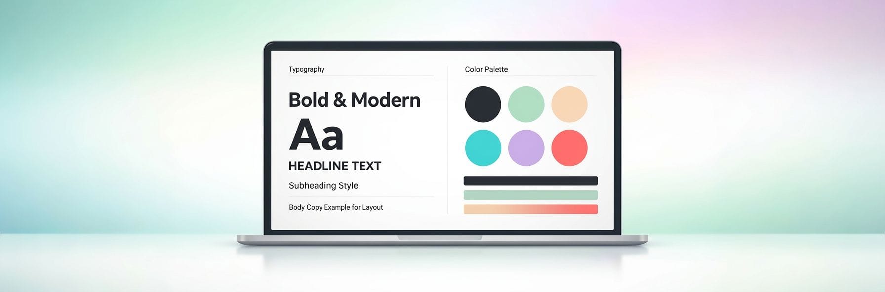 Web design trends 2026 showing modern typography and color palette elements on digital mockup with neo-mint background.