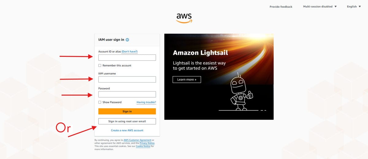Login screen of AWS Management Console for starting Amazon SES WordPress setup