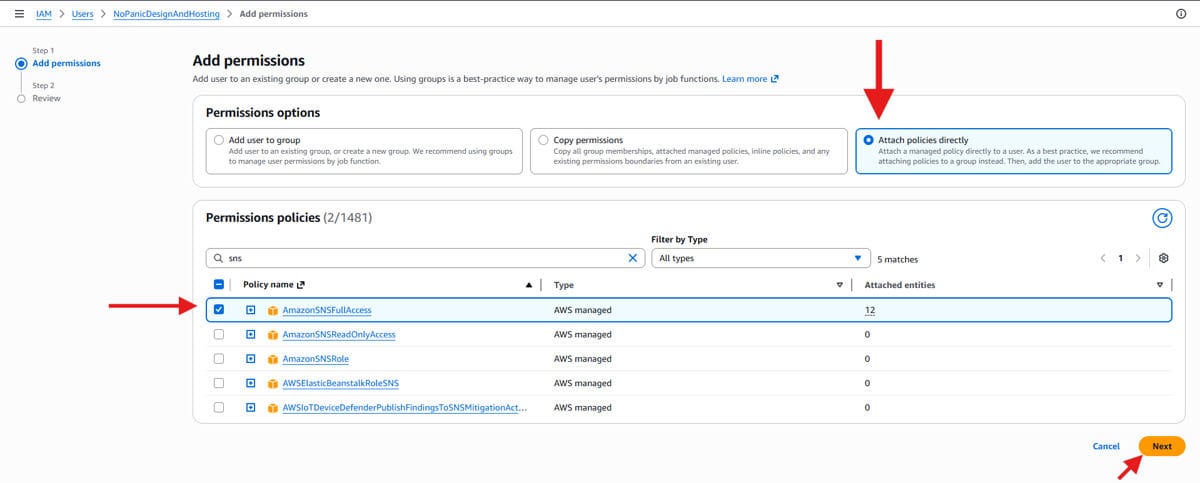 Attaching Amazon SES policies to IAM user for email sending permissions