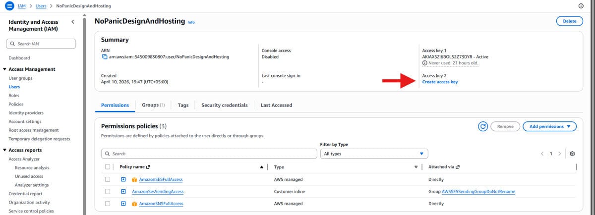 Generating AWS access key and secret key for SES SMTP connection