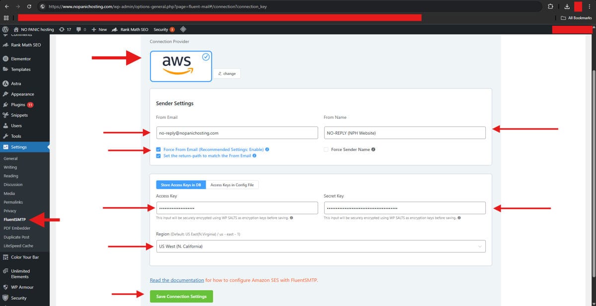Configuring FluentSMTP plugin in WordPress with Amazon SES credentials