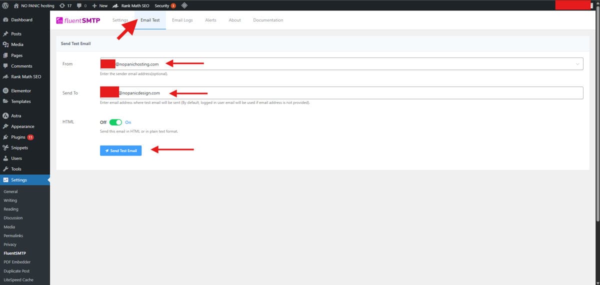 Sending test email using FluentSMTP to verify Amazon SES setup