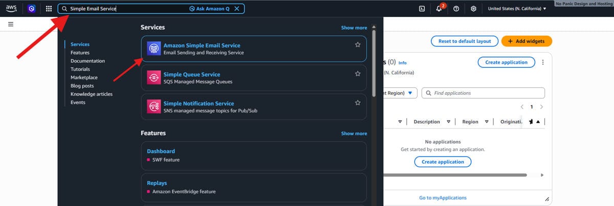 Searching for Amazon Simple Email Service (SES) in AWS dashboard