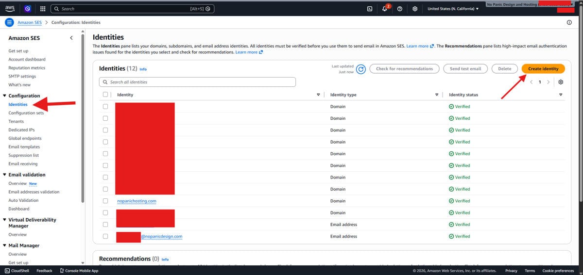 Creating new identity in Amazon SES for domain or email verification