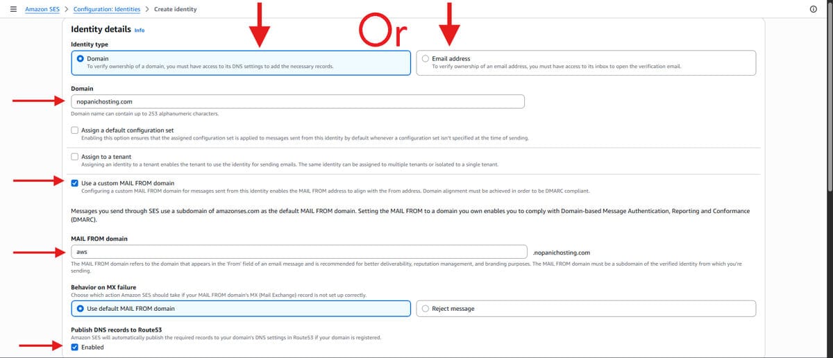 Amazon SES identity settings screen for choosing domain or email setup