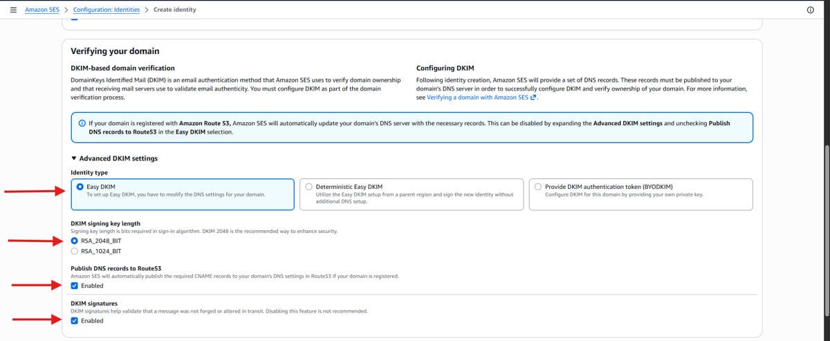 Configuring DKIM authentication settings in Amazon SES for email security