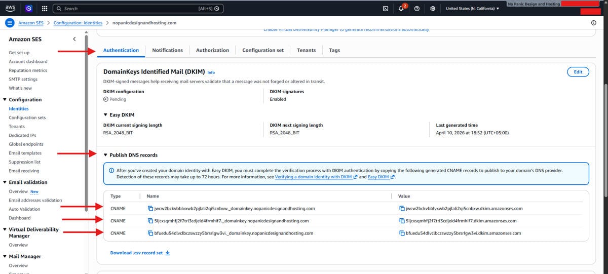 DKIM verification records generated in Amazon SES for DNS configuration