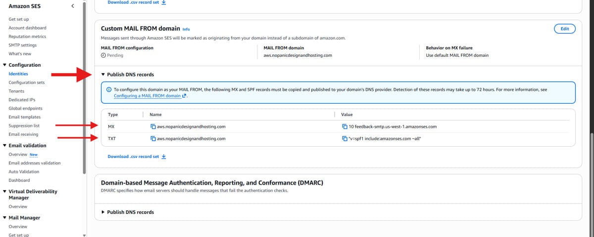 MAIL FROM domain DNS records setup in Amazon SES for email routing
