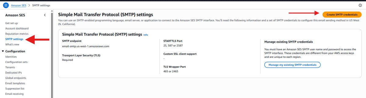 Creating SMTP credentials in Amazon SES for WordPress email integration