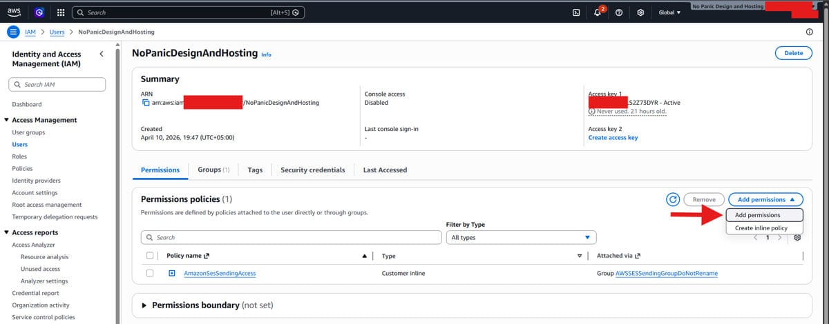 Adding IAM permissions for Amazon SES SMTP user access