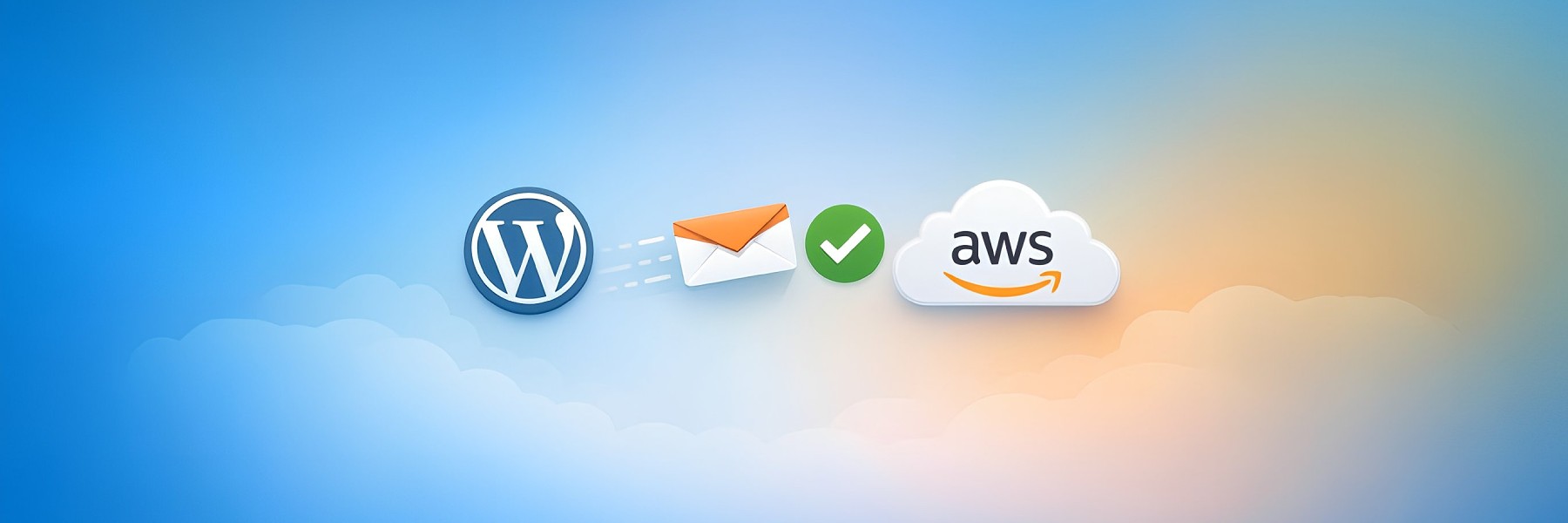 Illustration of Amazon SES WordPress setup showing email authentication, cloud infrastructure, and verified delivery concepts for boutique web design agency