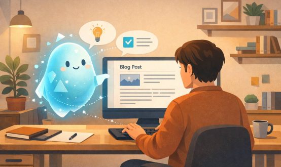 Warm illustration depicting AI blog writing in 2026 through a content writer working alongside a friendly AI assistant being, emphasizing the human as strategist and AI as helpful tool.