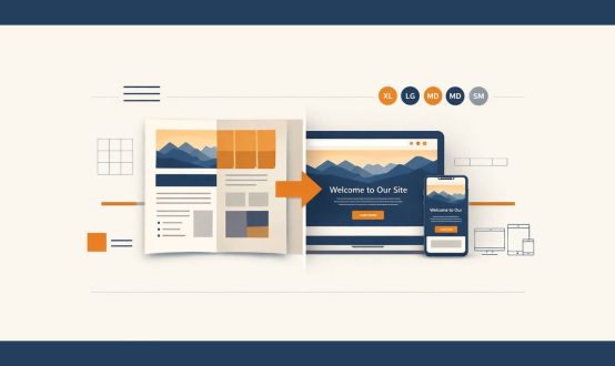 Illustration showing a print layout transitioning to a responsive web design – representing web design for print designers making the leap to digital