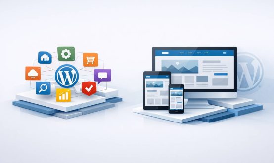 WordPress top site builder ecosystem showing plugin integrations and responsive website design across multiple devices