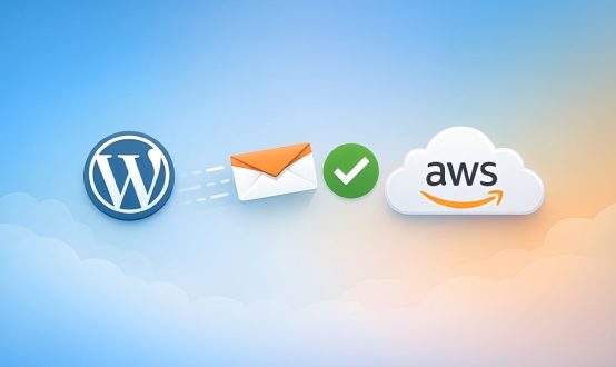 Illustration of Amazon SES WordPress setup showing email authentication, cloud infrastructure, and verified delivery concepts for boutique web design agency
