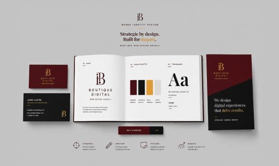 Brand style guide pages showing logo, color palette, and typography rules for a consistent business brand