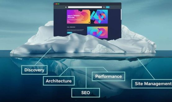 Iceberg illustration representing custom WordPress development, with the website above water and discovery, architecture, performance, site management, and SEO below the surface.