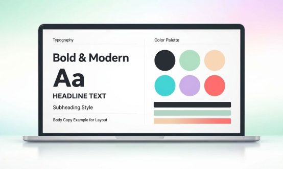 Web design trends 2026 showing modern typography and color palette elements on digital mockup with neo-mint background.