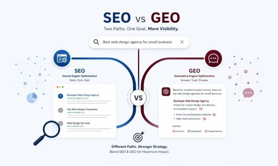 Illustration comparing SEO vs GEO strategy for AI search visibility, featuring a search interface and AI chat elements