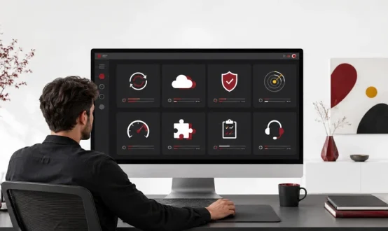Dashboard illustration representing the components of a WordPress maintenance plan, including backups and security monitoring